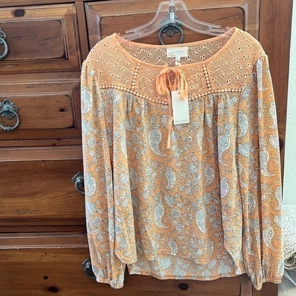 Melloday Women’s orange and tan blouse size large NWT